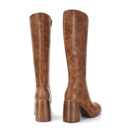 Image of SOVANYOU Black Leather Boots Platform Boots for Women Fashion Square Toe Chunky Block Heeled Boots Side Zip