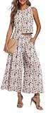 Lepunuo Completo estivo da donna, 2 pezzi, senza maniche, crop top, pantaloni a gamba larga, set abbinato, vacanze, spiaggia, viaggi, Primula Bianca Floreale, Large