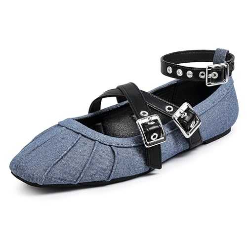 MUSSHOE Mary Jane Flats for Women - Denim Slip-On with Buckle Strap Comfortable Casual Shoes for Teen Girls, Fashion Streetwear, Back to School