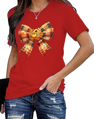 Thanksgiving Shirt for Women Fall Pumpkin Bow T-Shirt Funny Thankful Blessed Tee Tops
