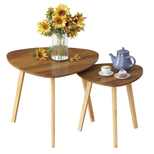 Image of Modern Wooden Nesting Side Table Set of 2 for Living Room | Space Saving Sofa Side Table | Bedside End Table | Multipurpose Accent Tables for Home Bedroom Office (Brown, Nesting)