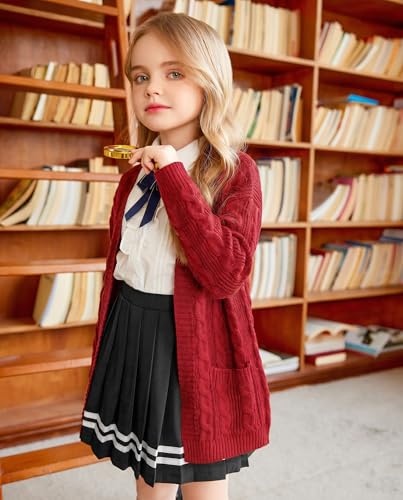 Image of Arshiner Girls Open Front Cardigan Long Sleeve Casual Kids Fall Clothes Solid Thick Chunky Sweater Coat with Pockets
