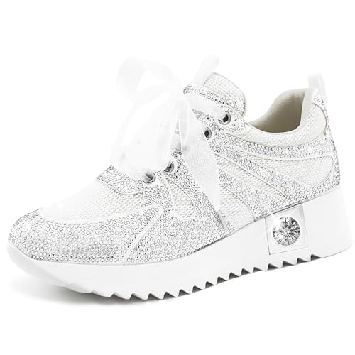Image of FINDVELL Women's Fashion Glitter Sneakers Platform Wedge Shoes Sparkly Rhinestone High Top Sneakers Trendy Sequin Shoes Wedding Bride Dress