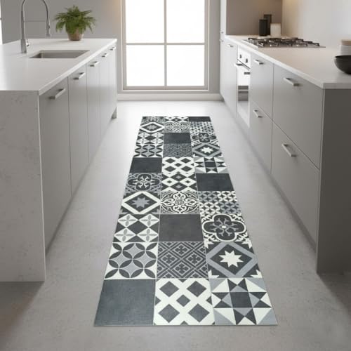 Alfombra Vinílica Antideslizante con Reverso PVC – Diseño Geométrico Blanco y Negro – Fácil de Limpiar- Cocina- Baño- (Amadora 60x80 cm)