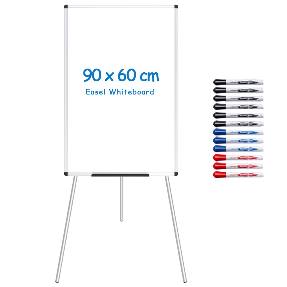 VIZ-PRO Pizarra blanca magnética con caballete, 90x60 cm, altura ajustable y portátil, para oficina, escuela y hogar, Incluye 12 rotuladores