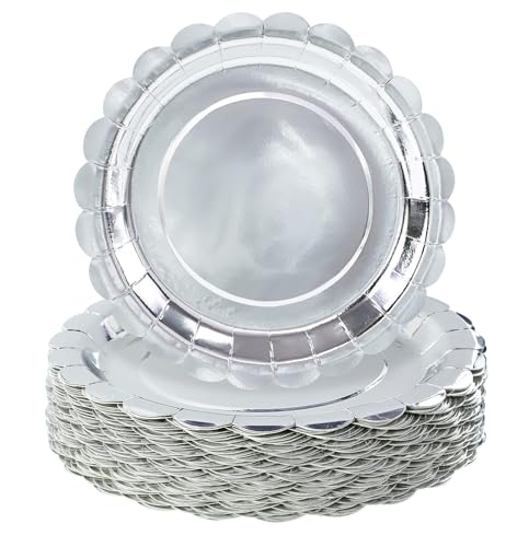 HEIPINIUYE 50 Pieces Silver Paper Plates 7 Inch Silver Scalloped Plates Disposable Dinner Plate for Wedding Baby Shower Birthday Party Dessert Plate