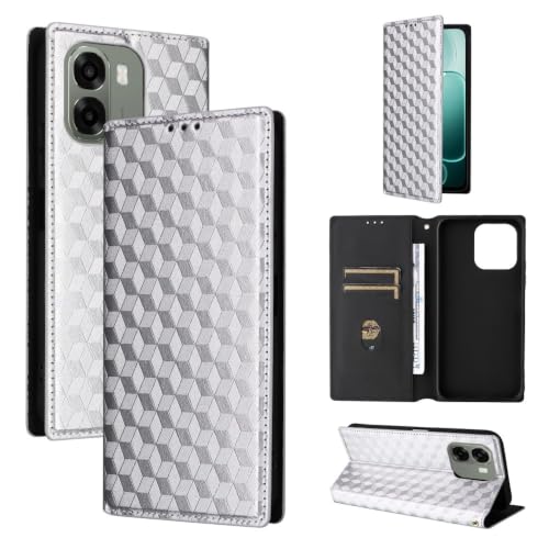 Coque Oppo Reno 14F 5G anti rayure argent à rabat cuir style carbone
