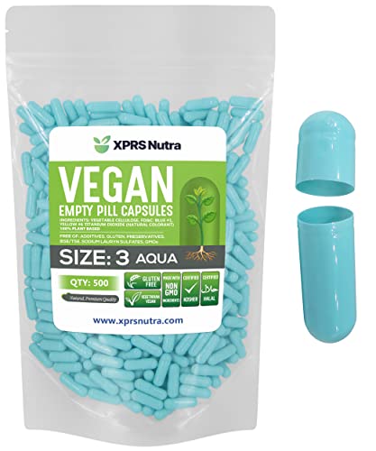 Image of XPRS Nutra Size 3 Empty Capsules - 500 Count Empty Vegan Pills - Vegetarian Pill - DIY Vegetable Capsule Filling- Veggie Pill Caps (Aqua)