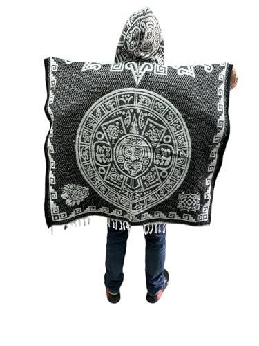 HOODED ADULT AZTECA PONCHO, CALENDARIO AZTECA, GABAN, MADE IN MEXICO Black3