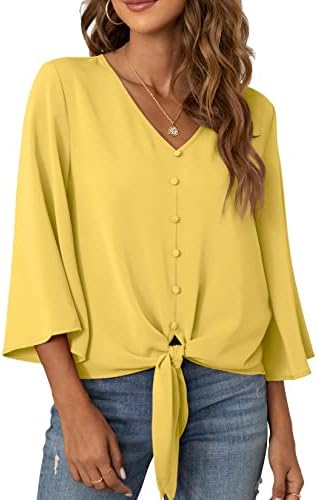 VIISHOW Women’s Button V Neck Chiffon Tops 3/4 Bell Sleeve Tie Knot Casual Blouses Loose Summer Shirts
