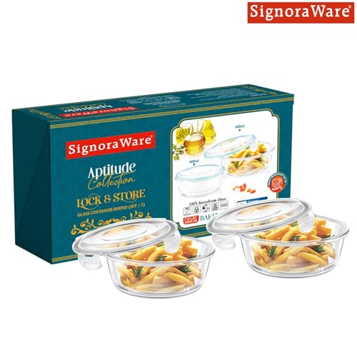 Image of Signoraware Safe Store Glass Round Containers | Airtight & Leakproof | Microwave Safe | Ideal for Reheating, Baking or Serving | Best for Office Lunch & Outdoor Activities (400mlx2 | Setof2 | Clear)