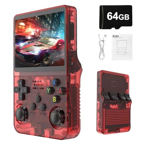 Syzplnwy R36S Console di gioco portatile retrò con schermo IPS da 3,5 pollici, batteria da 3500 mAh, scheda TF da 64 GB, oltre 15.000 giochi, sistema Linux open source per adolescenti e adulti, rosso