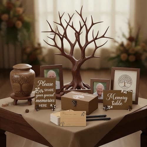 Image of Gilprop 112 Pcs Celebration of Life Memory Cards Set Share a Memory Cards with Box 2 Wood Sign with 4 Hold and 5 Pens, Sympathy Memorial Gifts Funeral Keepsake Decorations (Tree)