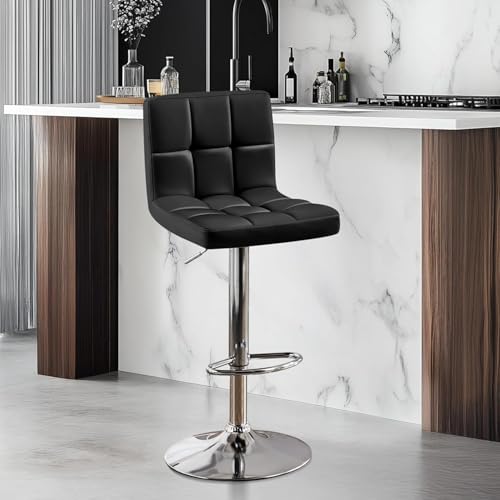 Image of Kemon KaiMeng Modern Adjustable Swivel Bar Stool Chair with Backrest, PU Leather Hydraulic Counter Stool with Footrest for Kitchen Island, Cafe & Home Bar, Black, Square Tufted Back Stool