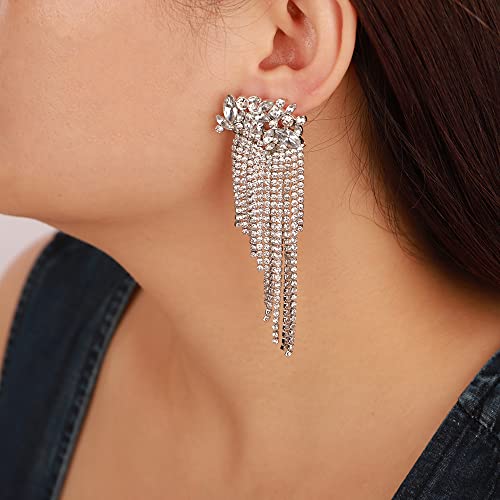 Wiwpar Sparkling Rhinestone Crystal Bridal Chandelier Long Tassels Dangle Drop Earrings for Wedding Bridesmaid Jewelry (White)2