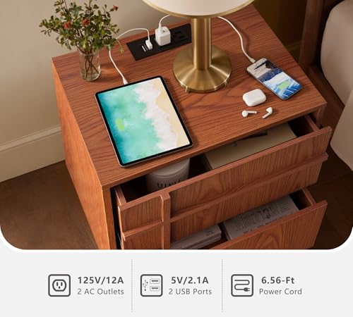 Image of Nightstand Set of 2, Bedside Table for Bedroom, End Table | Mid Century Modern, Charging Station, 2 Drawers Storage, Skeleton Line Design, Wood Grain, Minimalist, Cherry