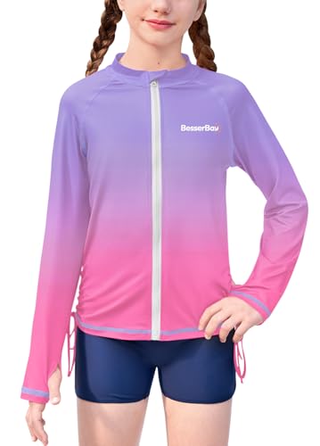 Image of BesserBay Girls Rash Guard UPF 50+ Zip Up Raglan Long Sleeve Adjustable Drawstring Swim UV Jacket 4-14 Years
