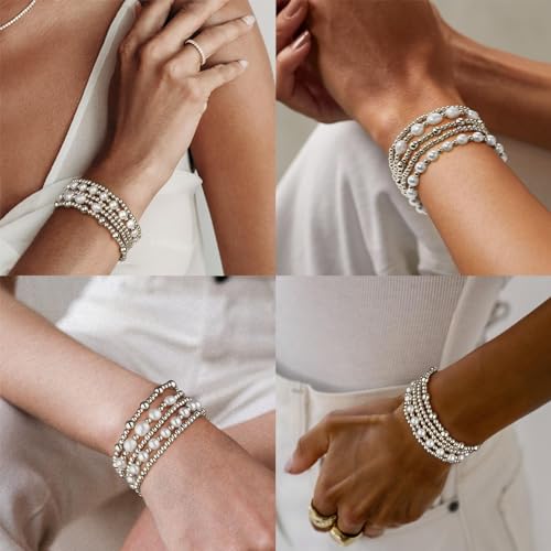 adoyi Silver Beaded Bracelets for Women, 14K Gold Plated Bead Bracelets Stack Trendy Stackable Bracelet Set Strand Stretch Pearl Ball Bracelet Bracelet Set Jewelry Set for Women Gift 6.8 inches by adoyi - Used condition - US$9.87
