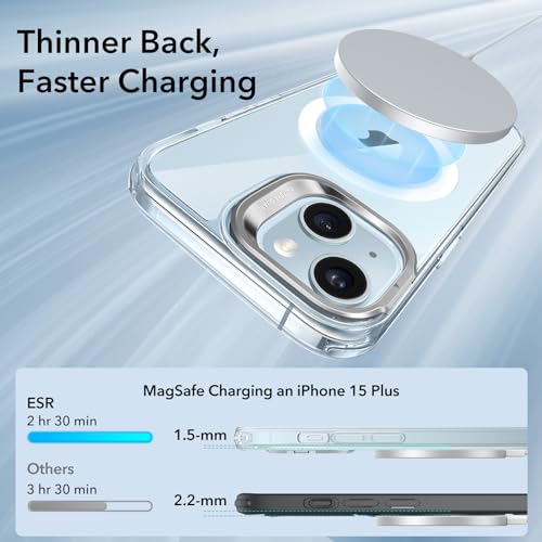 Image of ESR for iPhone 15 Plus Case, Compatible with MagSafe, Military-Grade Protective Case, Built-in Stash Stand Phone Case, Scratch-Resistant Back Cover, Classic Series, Clear Blue