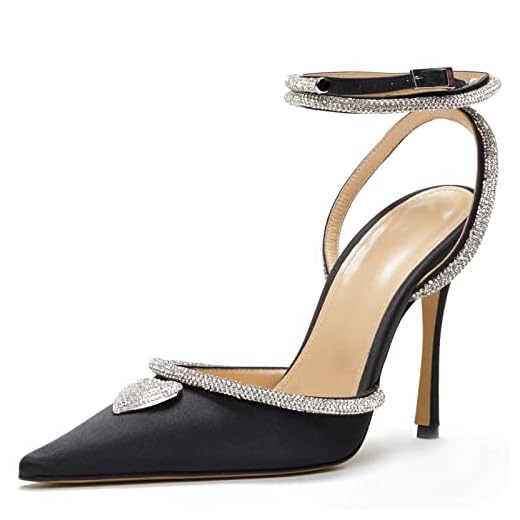 BlingQueen Sandálias femininas de salto fino, bico fino, coração de cristal, glitter, sapatos de strass enfeitados com tira no tornozelo, sapatos de festa de casamento, Cetim preto, 35