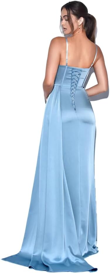Miniatura 3 de Women's Spaghetti Straps Satin Prom Dress with Train Corset Mermaid Bridesmaid Dress Long Formal Evening Party Gown