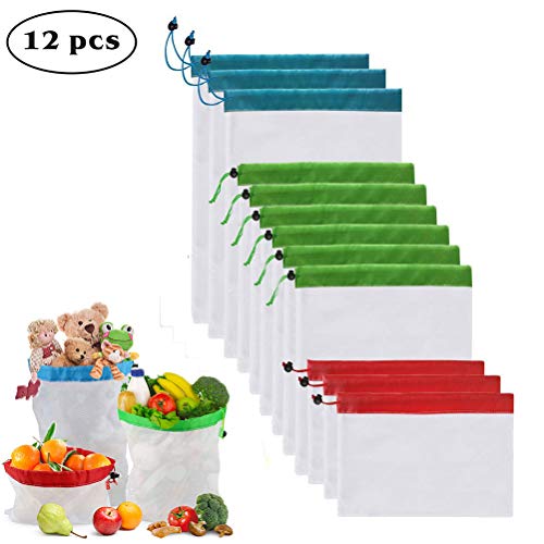 AYUTOY Bolsas de malla reutilizables, 12 unidades, bolsas de productos lavables y reutilizables para frutas y verduras, poliéster, Sacs en Maille