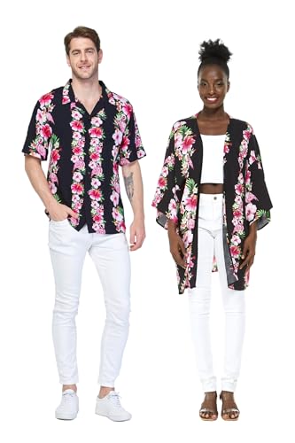 Matchable Couple Hawaiian Luau Shirt or Kimono in Pink Black Hibiscus Vine