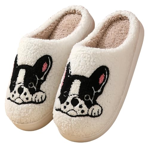Image of GEBUFAW Dog Slippers for Women and Men with Cute Embroidered Dachshund French Bulldog Corgi or Poodle Design Cozy Plush Indoor House Shoes with Memory Foam and Non Slip Sole Unisex Fit