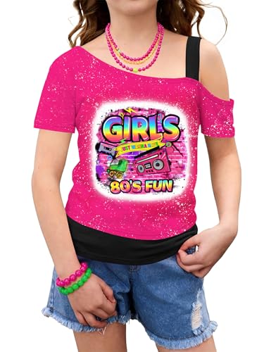 SWTJIC 80s Outfit for Kids Girls Just Wanna Have Fun 80s Shirt Vintage Off Shoulder Tops Hot Pink 7-8Y