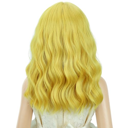 Image of PATTNIUM Girls Golden Blond Short Curly Wavy Wigs with Bangs Blond Shoulder Length Wavy Heat Resistant Synthetic Wig