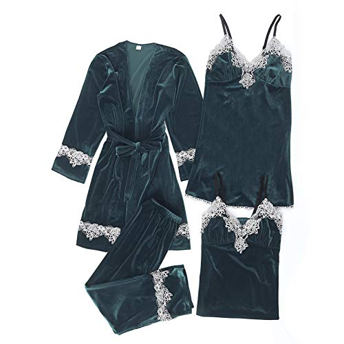 JPOQW Women Pajamas Set 4 pcs Warm Velour Lace Trim Sleepwear with Robe Sexy Soft Pj Set