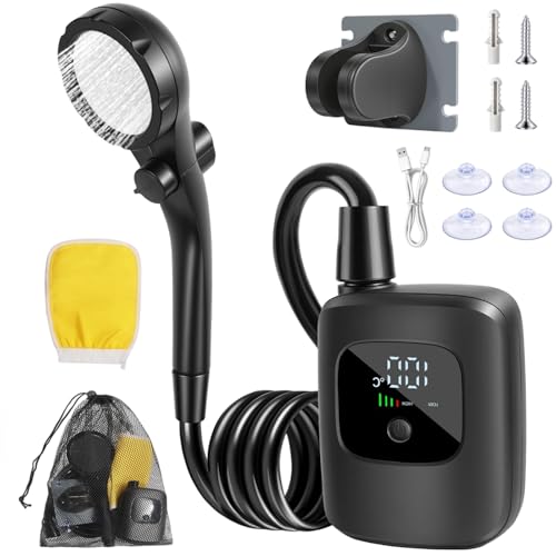 EAOEIHD Smart Portable Shower Pump, Rechargeable Camping Shower with LED Display, IPX8 Waterproof Outdoor Shower Kit for Hiking Travel Car Washing Pet (1PC)