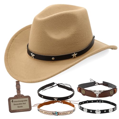 Chapeau de cowboy classique orné de quatre bandes décoratives, feutre style Fedora mixte