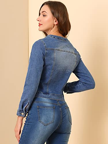 Allegra K Women's Denim Jacket Button Down Collarless Long Sleeve Jean Jackets Large Blue #TOP4