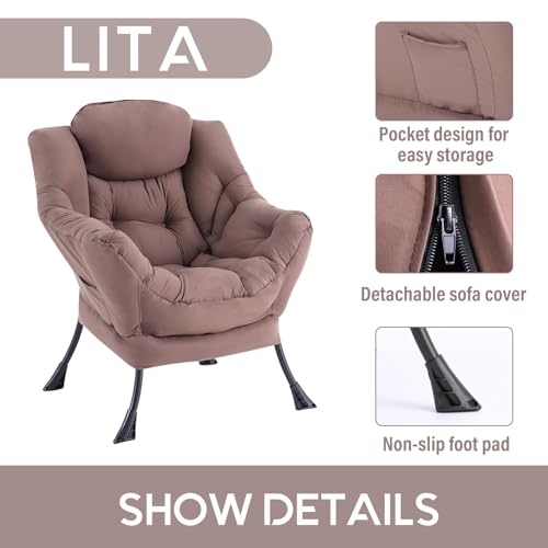 Image of LITA Lazy Chair with Armrests and Side Pocket, Modern Upholstered Accent Reading Chair for Living Room, Bedroom, Dorm, Small Spaces, Single Dark Brown