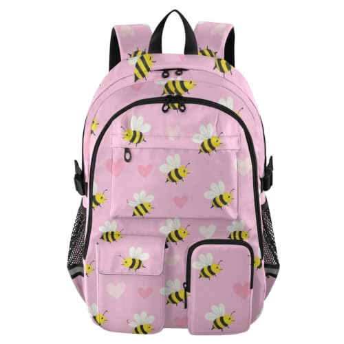Mochilas de viaje escolares con estampado de corazones y abejas para excursiones y colegio