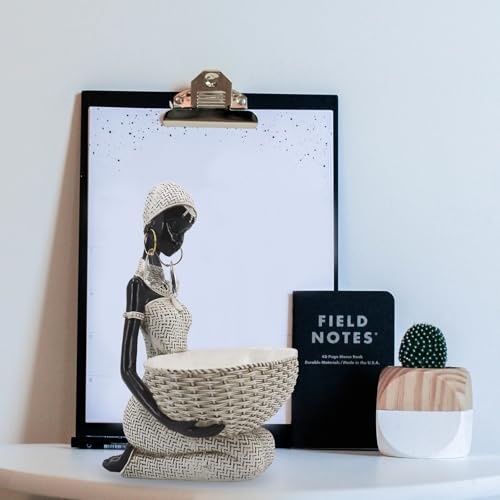 Ivory White African Seated Woman Statue - Serene Tribal Figure with Crystal Earrings, Minimalist Resin Home Decor for Shelves/Desks (9" H)