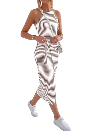 Image of NOLLSOM Women Casual Sleeveless Striped Tank Midi Dresses Halter Neck Ruched Bodycon Dresses Tie Waist T Shirt Summer Dress