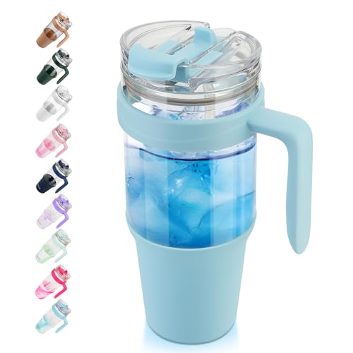 Tronco 40 oz Glass Tumbler with Straw and Lid, Leak-proof Flip Straw, Reusable Iced Coffee Cup with Handle, Glass Water Bottles Fits in Cup Holder, Lead-Free, BPA-Free