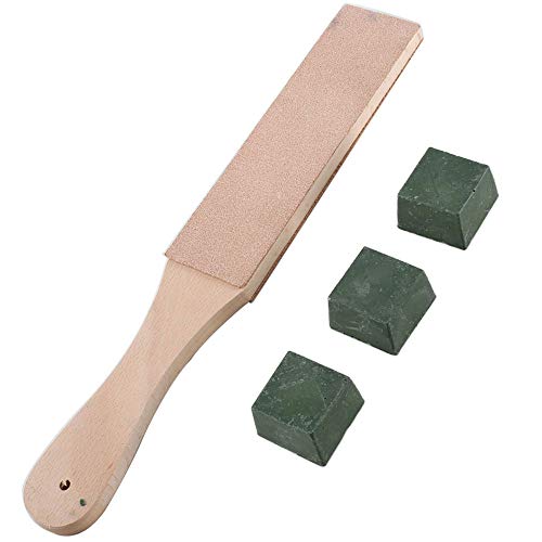 ManYee Green Leather Stropping Kit Tools 1.6 Inch Double Sided Wide Leather Strop Board Paddle with Wood Handle Leather Strop Block 3 Packs Leather Sharpening Polishing Compound Hone Knife Sharpener