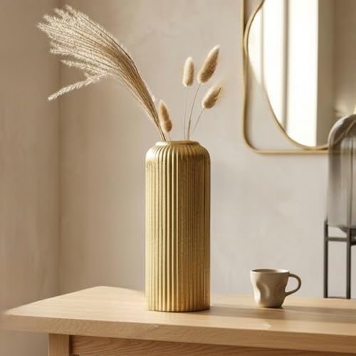 Image of KREATIVE ART'S Modern Ribbed Design Ceramic Flower Vase for Living Room, Flower Pots for Artificial Flower, Home Decoration Item, Home Decor, Vases for Living Room (Gold, Large)