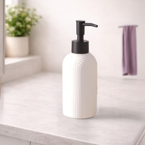 Image of Rioware Ceramic Soap Dispenser Hand Wash Bottles for Basin | Multipurpose Refillable for Liquid Shampoo, Kitchen, Bathroom, and Household Use | 300Ml, Pack of 1 - Solid White