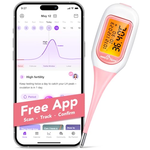 Easy@Home Thermomètre basal bluetooth suivi d'ovulation contrôle du cycle avec Premom APP Française (iOS et Android),1/100e de degré, thermomètre avec TBC Sync et rétroéclairage LCD (Rose)