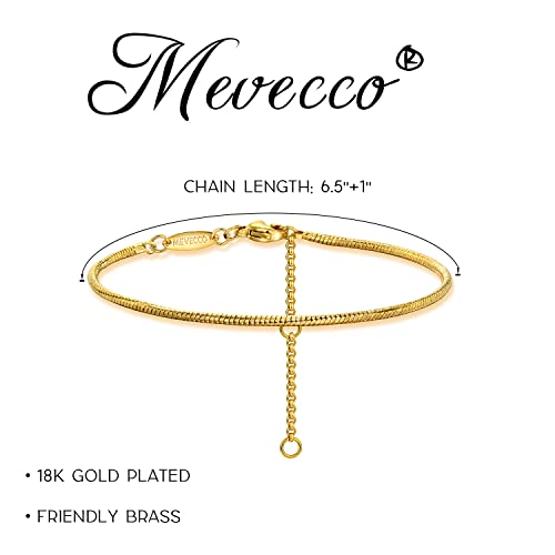 Mevecco Yellow Gold Chain Bracelet 18K Gold Plated Simple Delicate Solid Round Snake Chain Bracelet For Women Snake Bone Chain Bracelet Dainty Minimalist Jewelry Gifts #TOP4
