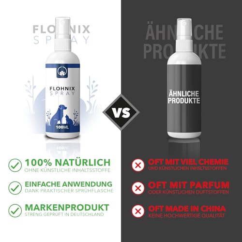 Flohnix Spray – Floh und Zeckenschutz für Hunde - Fellpflege Spray zur Unterstützung der Parasitenabwehr – Ohne Chemie – Für Fell, Umgebung & Liegeplätze – Flohschutz für Katze und Hund - 100 ml