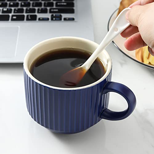 Hasense Coffee Mug Ceramic Set Of 4 With Stand - 15 Oz Stackable Large Porcelain Ribbed Latte Cup Sets For Cappuccino, Tea, Espresso, Hot Cocoa, Drinks - Dishwasher & Microwave Safe, Blue #TOP5