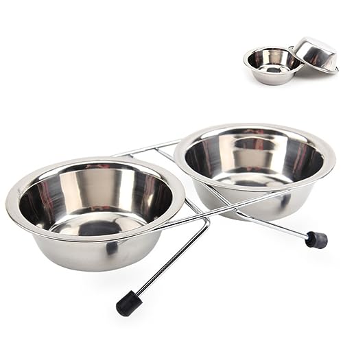 POPETPOP Large Stainless Steel Dog and Cat Food Water Bowls with Antiskid Iron Stand Dual Bowl Design for Easy Feeding for Pets of All Durable Stable