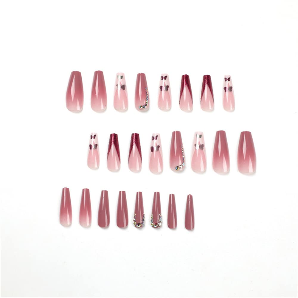 Cobertura completa de uñas postizas largas con pegamento Desmontable Diamante Mariposa Gradiente Presione en las uñas 24 piezas Puntas de arte de uñas para salones de uñas y mujeres Arte de uñas DIY