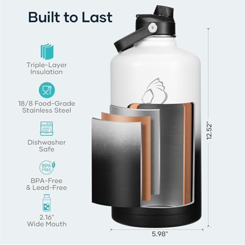 Image of BUZIO 1 Gallon Water Bottle Insulated with Dust-Proof Straw & Spout Lids