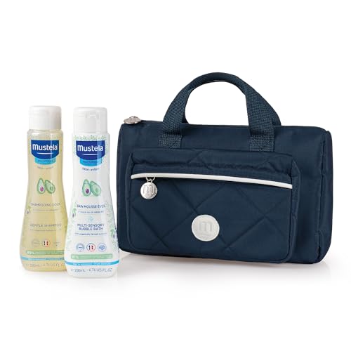 Mustela Vanity Set 2024, Borsa e Pochette con Prodotti Bagnetto Neonato, Corpo, Capelli, Cambio Pannolino, Neonati e Bambini - Fin Dalla Nascita, Idea Regalo Neonato (Colore Blu)